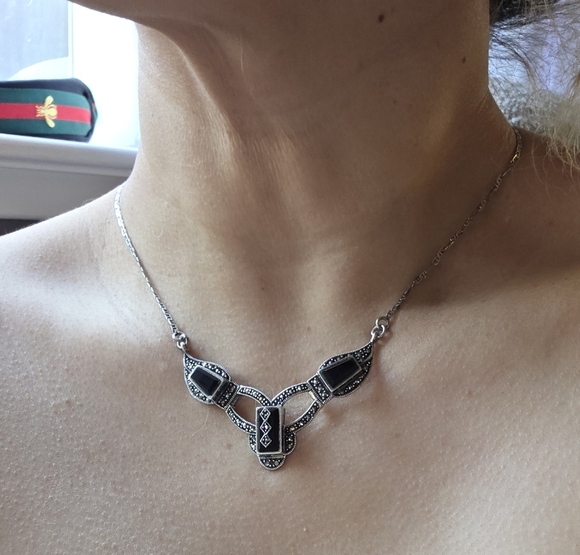 Post 1940's Vintage onyx & marcasite necklace art deco 925. A REAL BEAUTY! - Picture 7 of 13